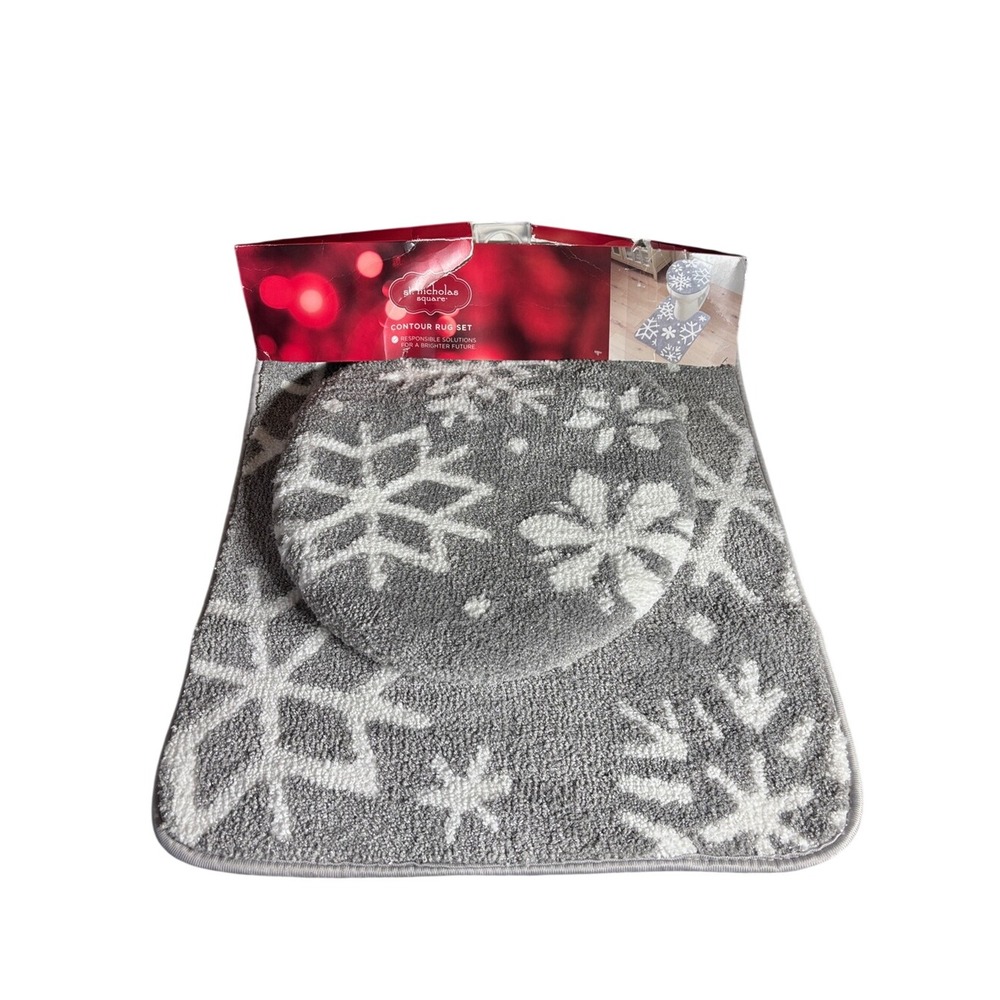 St. Nicholas Square 2pc. Holiday Snowflake Contour Rug Set Gray Silver GIFT NEW